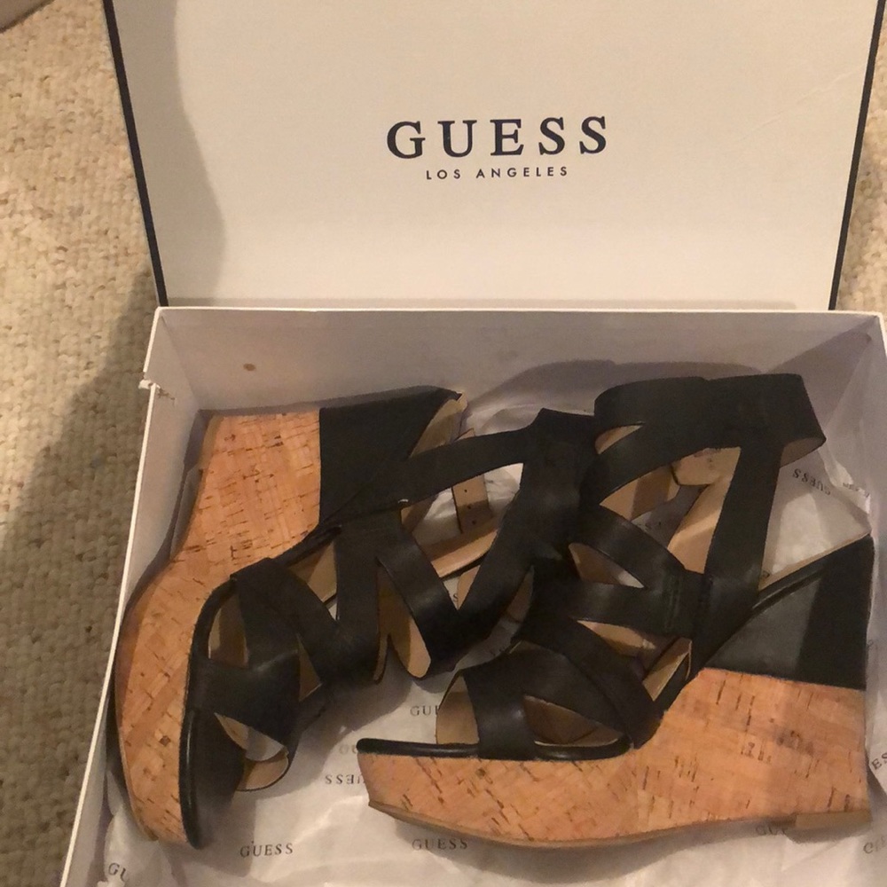 GUESS Black Leather Strappy Cork Wedge Sandals